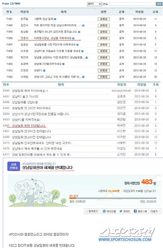 성남일화해체반대서명