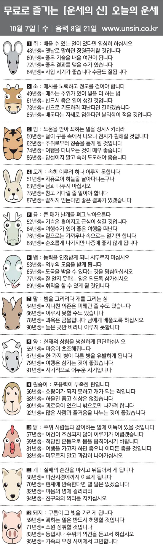 [직장인을 위한 오늘의 운세] 2020년 10월 7일 수요일(음력 8월 21일)