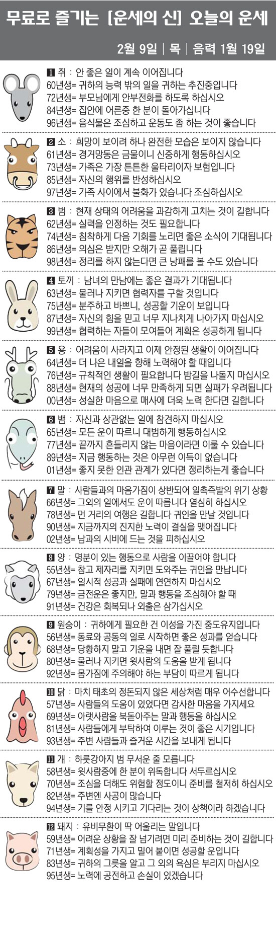 [직장인을 위한 오늘의 운세] 2023년 2월 9일 목요일 오늘의 띠별 …