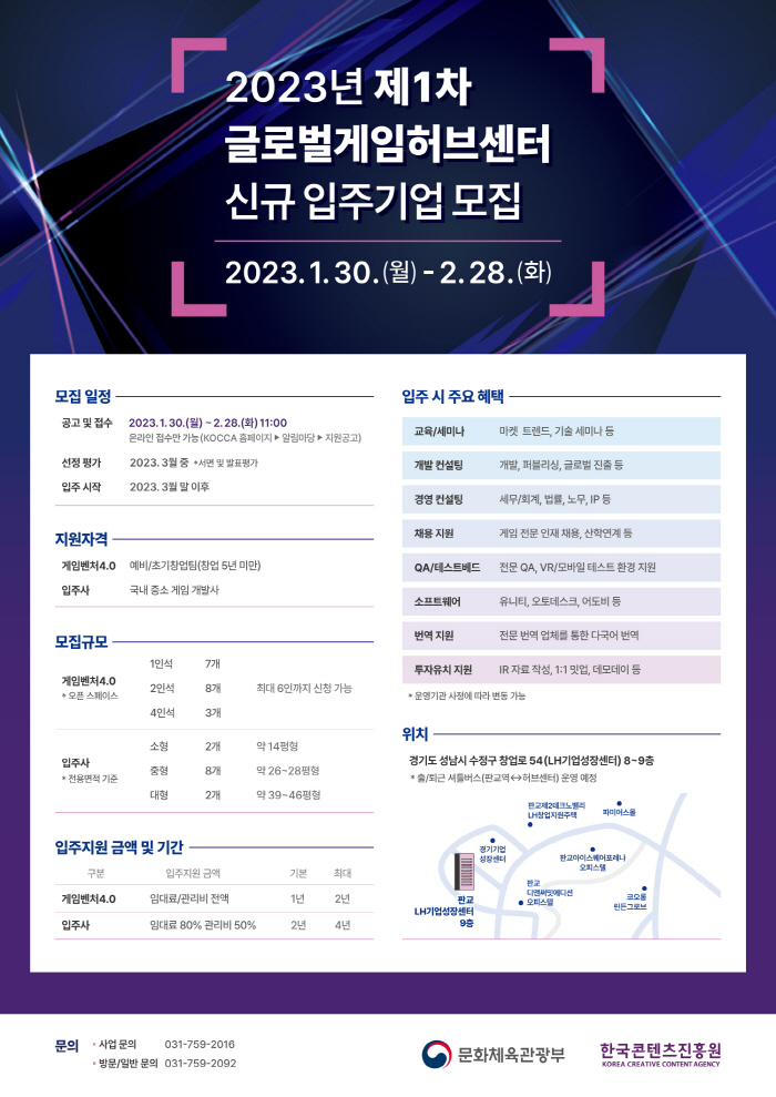 글로벌게임허브센터 입주사 및 게임벤처 예비 창업팀 모집