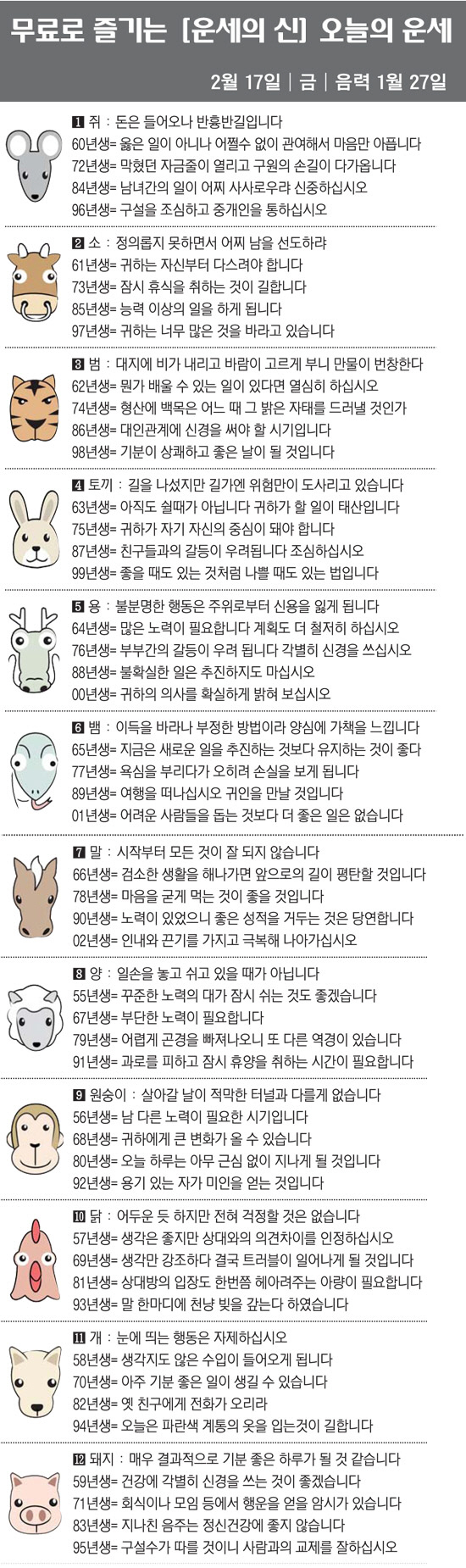 [직장인을 위한 오늘의 운세] 2023년 2월 17일 금요일 오늘의 띠별…