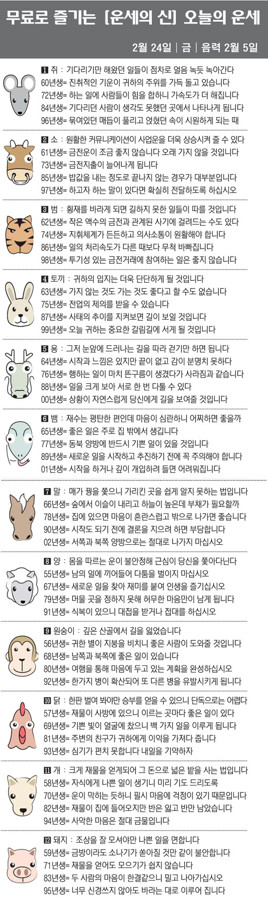 [직장인을 위한 오늘의 운세] 2023년 2월 24일 금요일 오늘의 띠별…