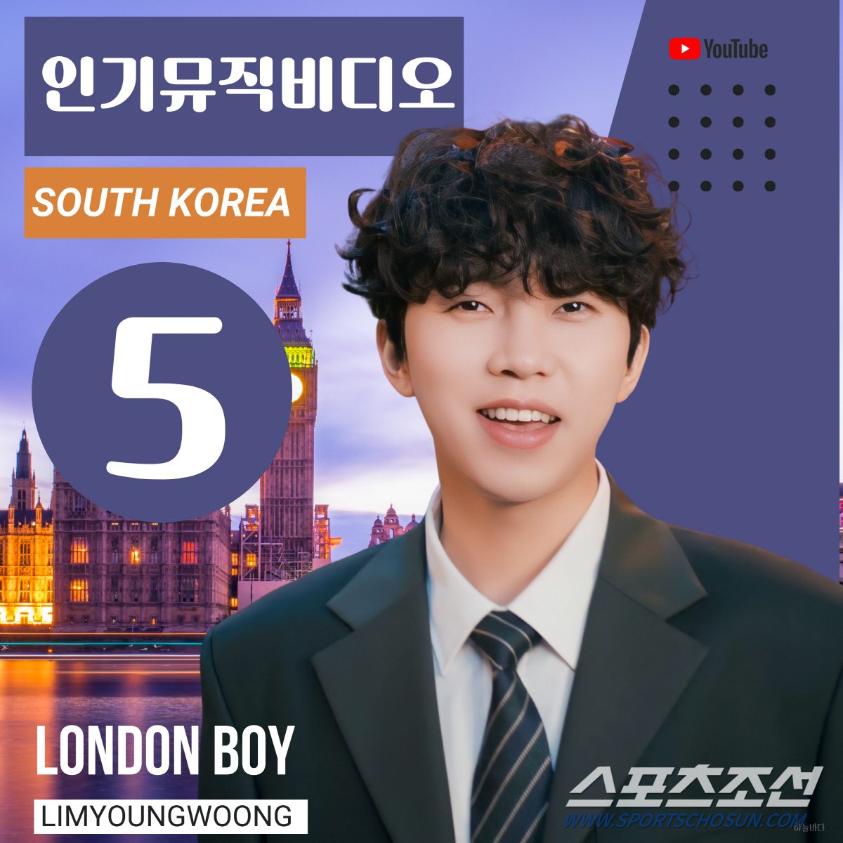 임영웅 '런던보이', 유튜브 '인기 뮤비' 5위 올라…10~16일, 49…