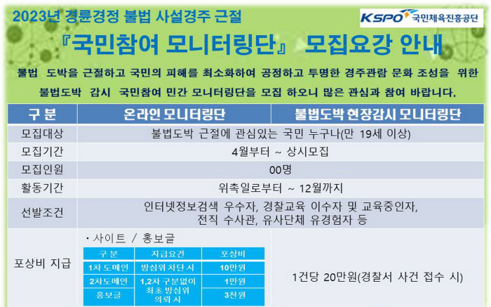 <경륜경정> 불법 사설경주 근절을 위한 국민 참여 모니터링단 모집