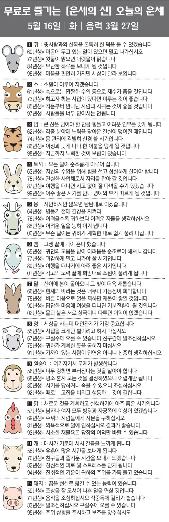 [직장인을 위한 오늘의 운세] 2023년 5월 16일 화요일 오늘의 띠별…