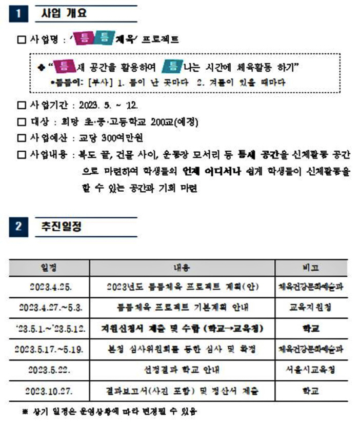 서울시교육청,'틈새공간X틈새시간' 틈틈체육 200개교X300만원 지원
