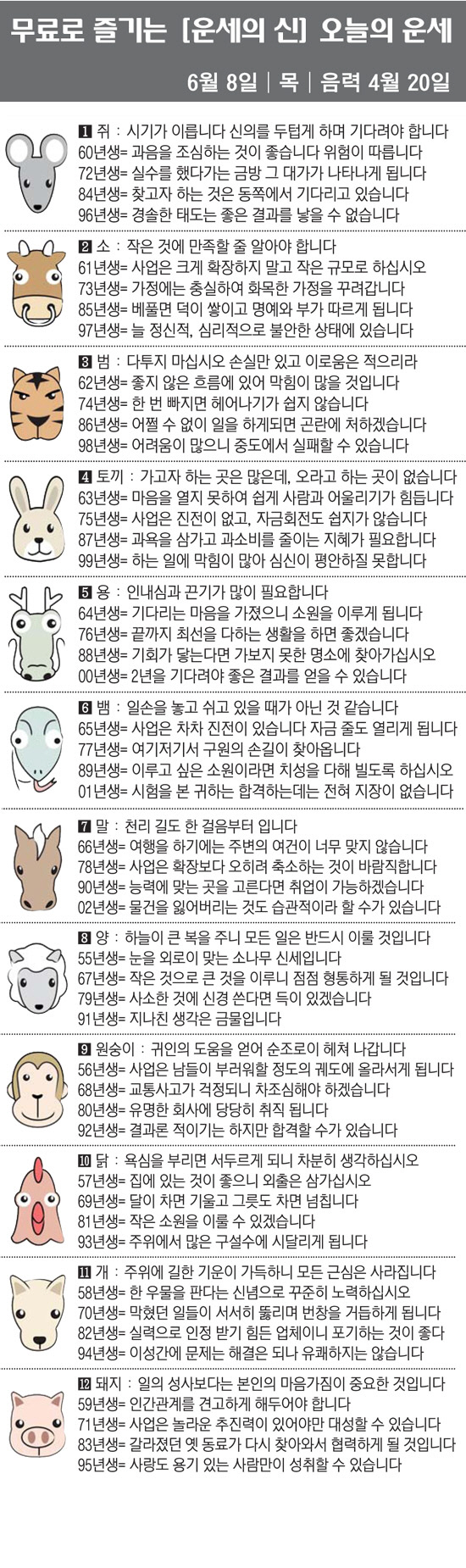[직장인을 위한 오늘의 운세] 2023년 6월 8일 목요일 오늘의 띠별 …