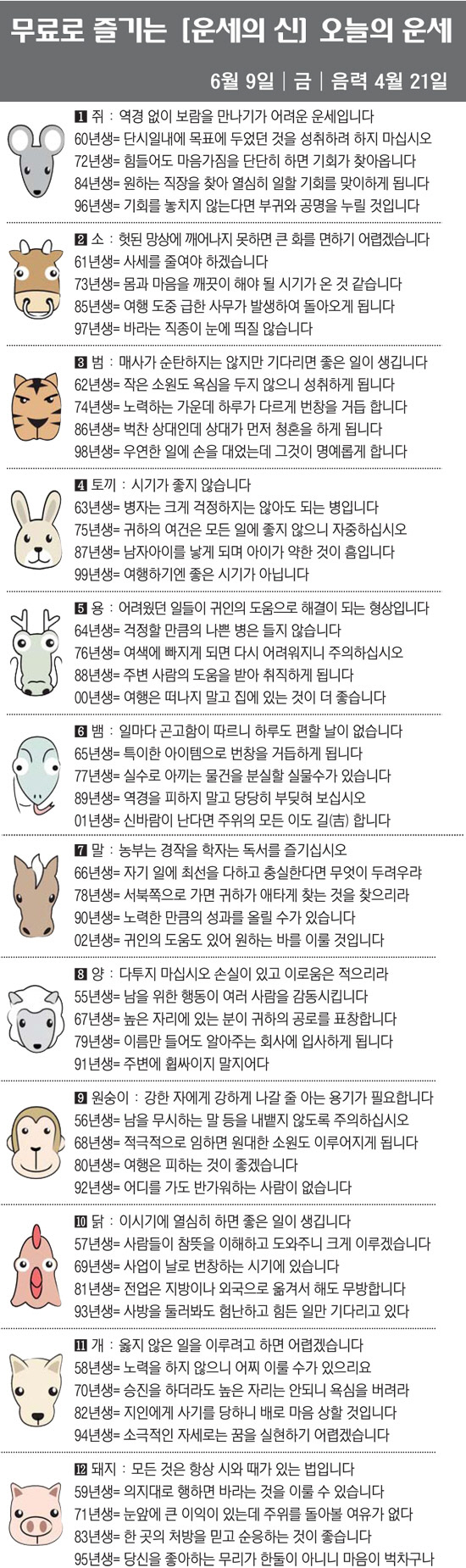 [직장인을 위한 오늘의 운세] 2023년 6월 9일 금요일 오늘의 띠별 …
