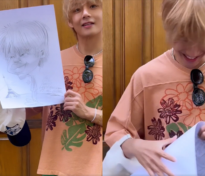 BTS 뷔, 본인 캐리커처 보고 웃참 실패 "거북목에 수염 디테일해"