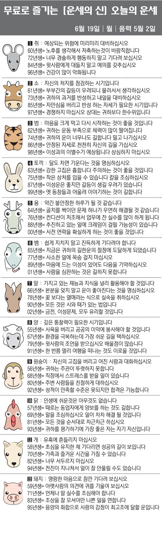 [직장인을 위한 오늘의 운세] 2023년 6월 19일 월요일 오늘의 띠별…