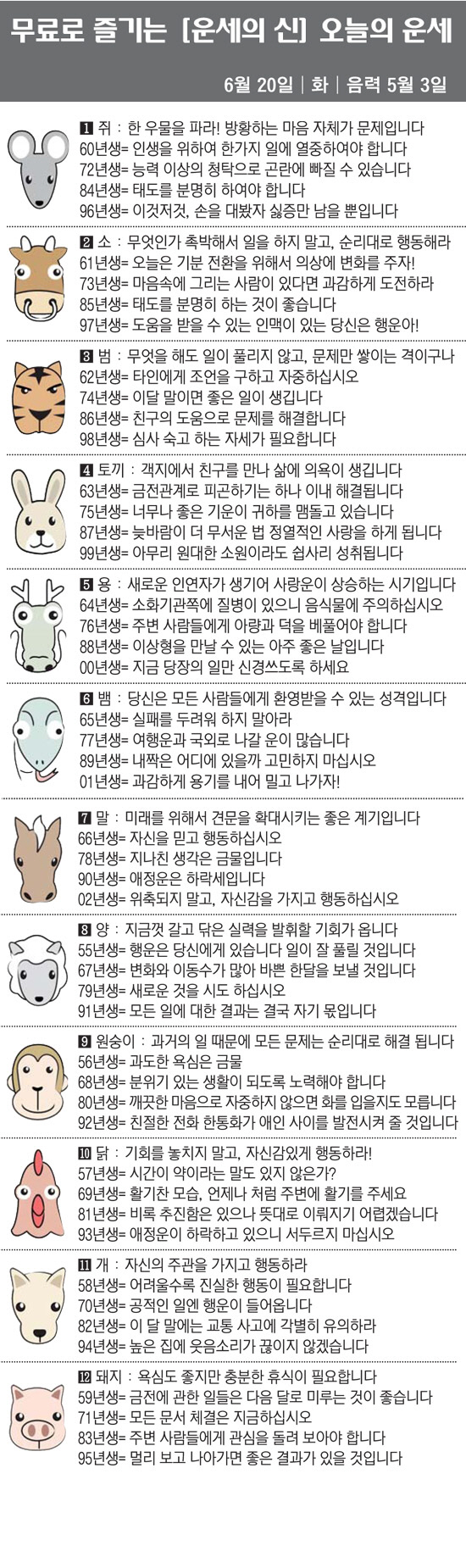 [직장인을 위한 오늘의 운세] 2023년 6월 20일 화요일 오늘의 띠별…