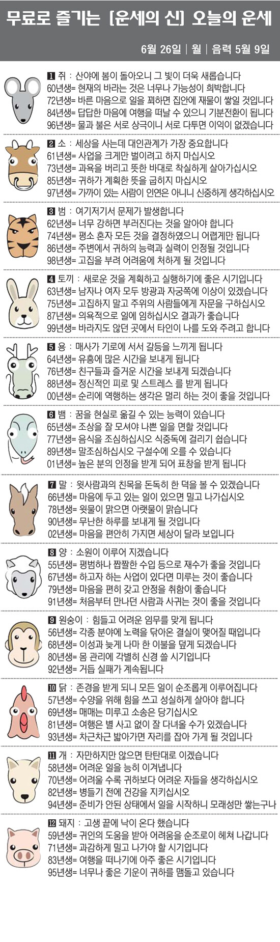 [직장인을 위한 오늘의 운세] 2023년 6월 26일 월요일 오늘의 띠별…