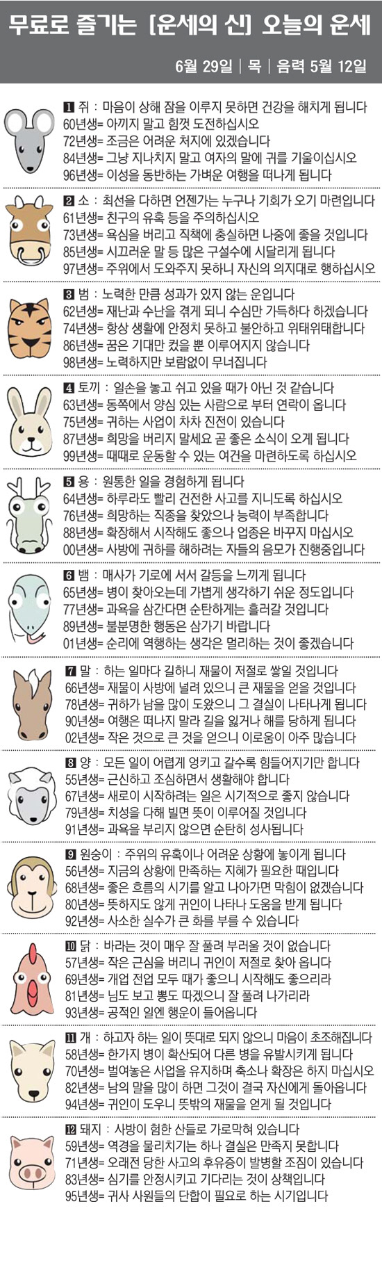 [직장인을 위한 오늘의 운세] 2023년 6월 29일 목요일 오늘의 띠별…