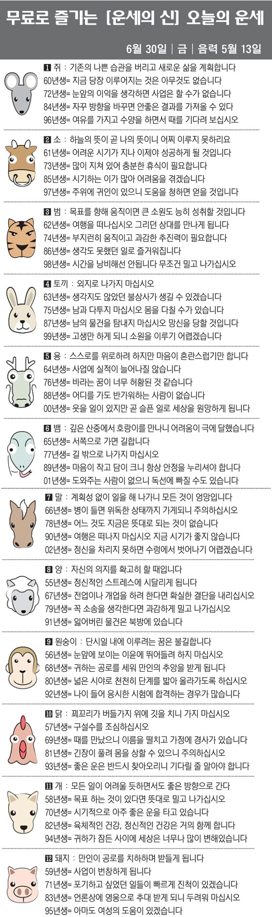 [직장인을 위한 오늘의 운세] 2023년 6월 30일 금요일 오늘의 띠별…