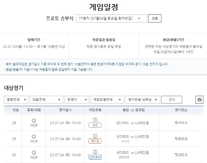 "김하성VS오타니" 샌디에이고-LA에인절스전 대상 프로토77회차 한경기구…