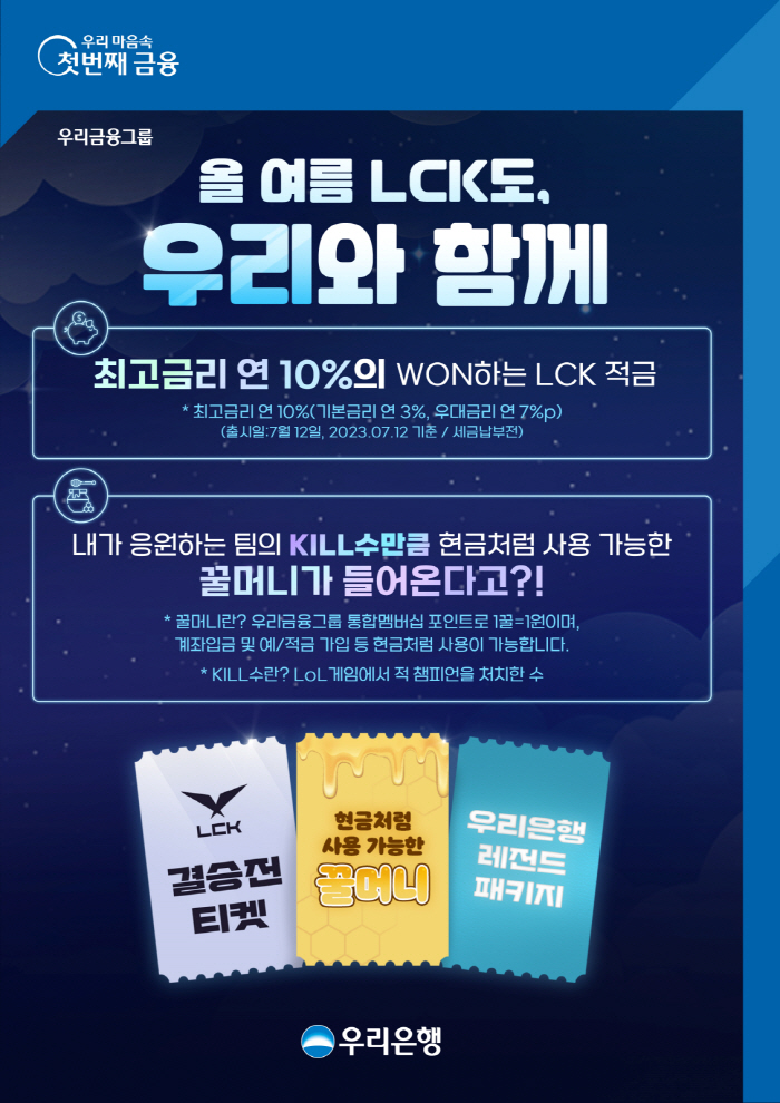 우리은행, 12일 최고 연 10% 금리 '우리 WON하는 LCK 적금' …