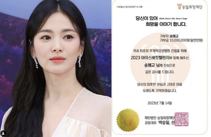송혜교, 아이스버킷 1천만원 기부..다음 주자 한소희 지목[공식]