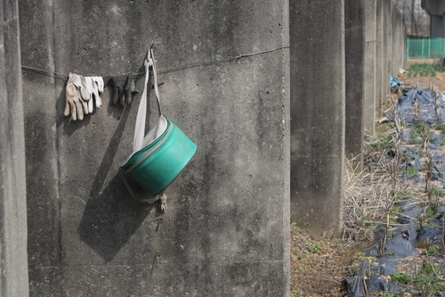 지난 2021년 경기도 파주시 접경지의 대전차 장애물에 주민들이 텃밭을 일구기 위해 도구를 걸어 놓은 모습. [연합뉴스 자료사진]