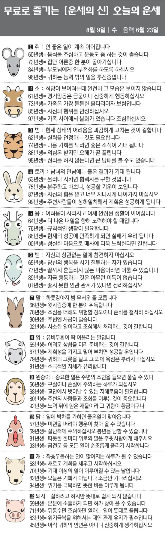 [직장인을 위한 오늘의 운세] 2023년 8월 9일 수요일 오늘의 띠별 …