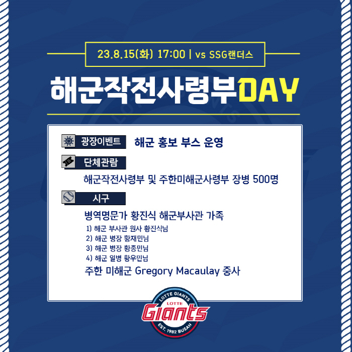 "한미동맹+정전 70주년" 롯데, 광복절 SSG전 해군작전사령부 DAY로…