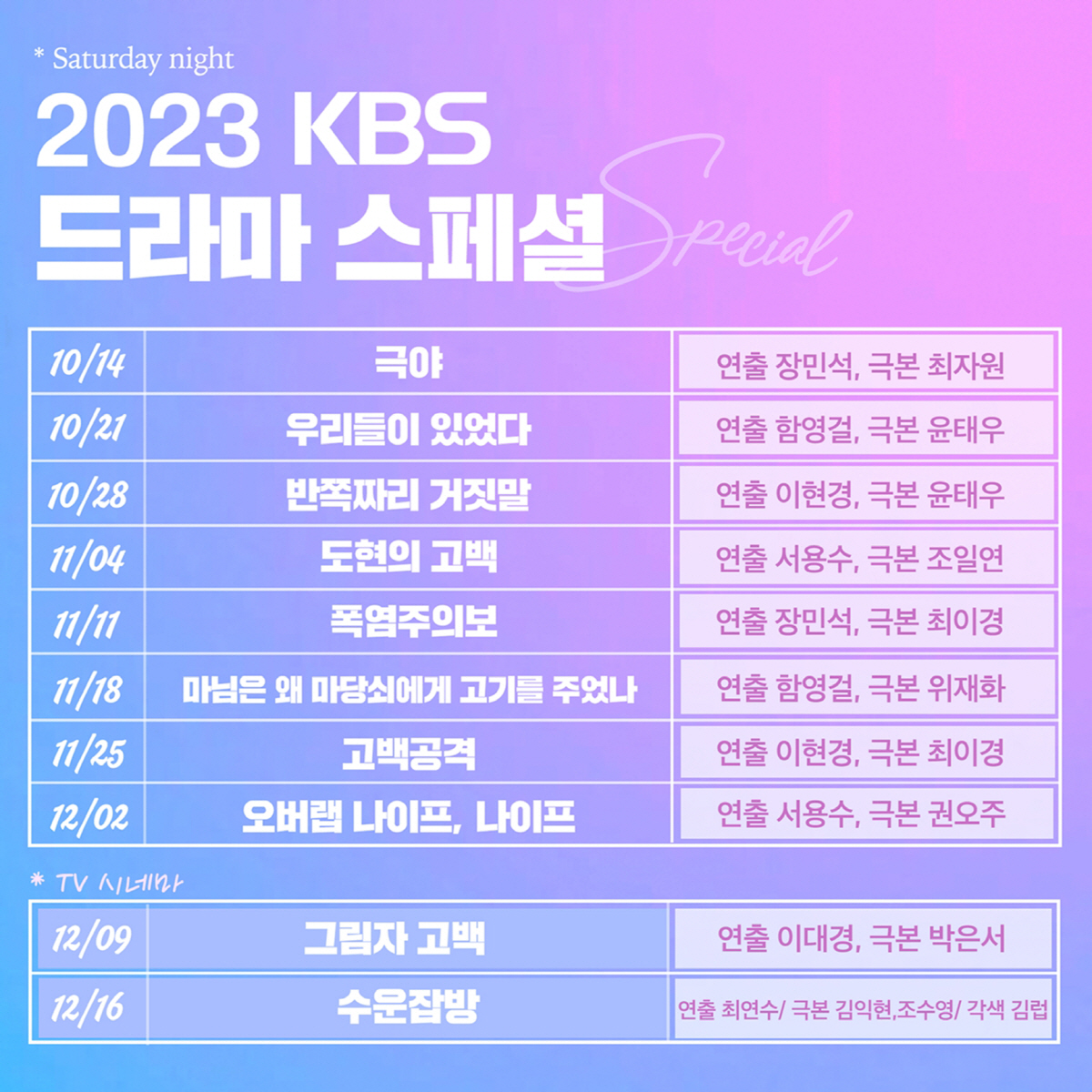 '10편 10색' 드라마스페셜·TV시네마 2023, 단막+시네마 더 강력…