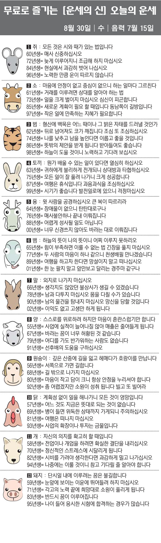 [직장인을 위한 오늘의 운세] 2023년 8월 30일 수요일 오늘의 띠별…