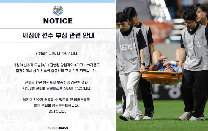 '대팍의 왕'세징야,갈비뼈 6-7번 골절 진단 '입원'...대구선수들"세…