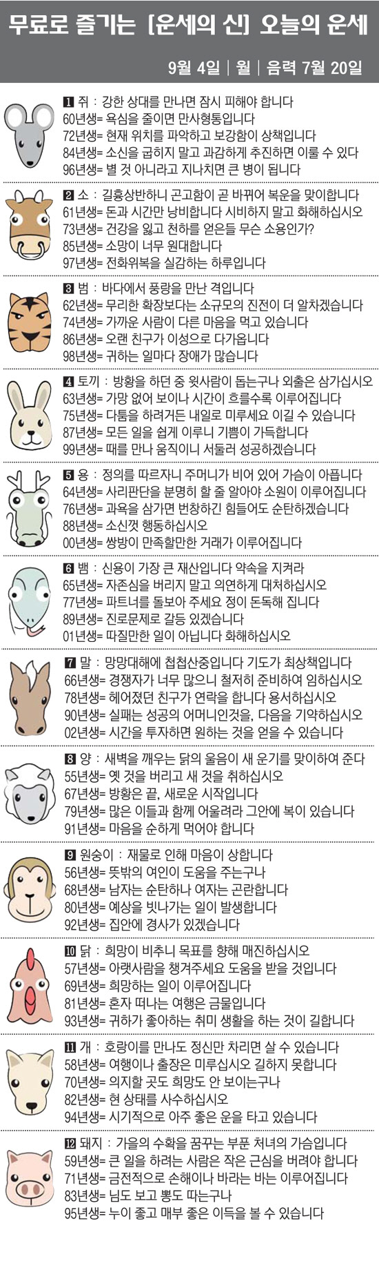 [직장인을 위한 오늘의 운세] 2023년 9월 4일 월요일 오늘의 띠별 …