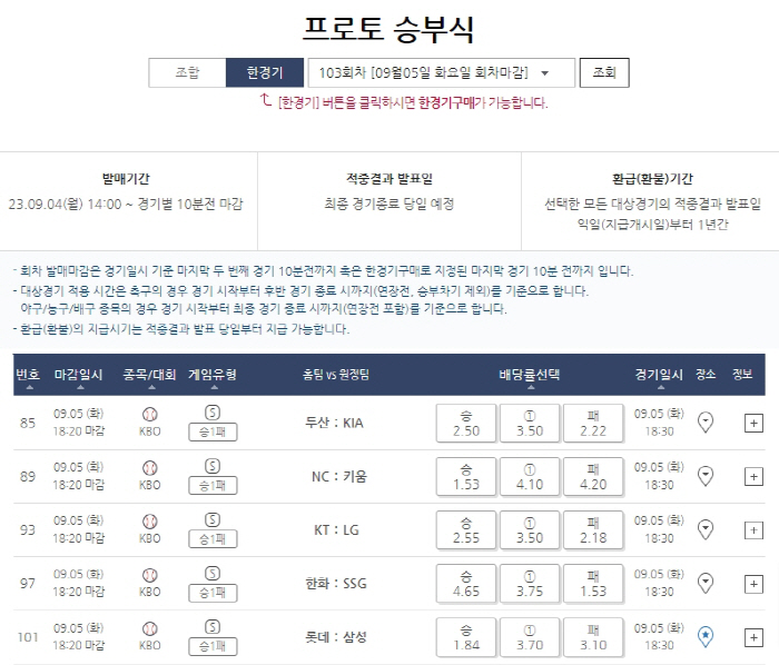 스포츠토토, 5일 KBO리그 5경기를 대상으로 프로토 승부식 103회차 …