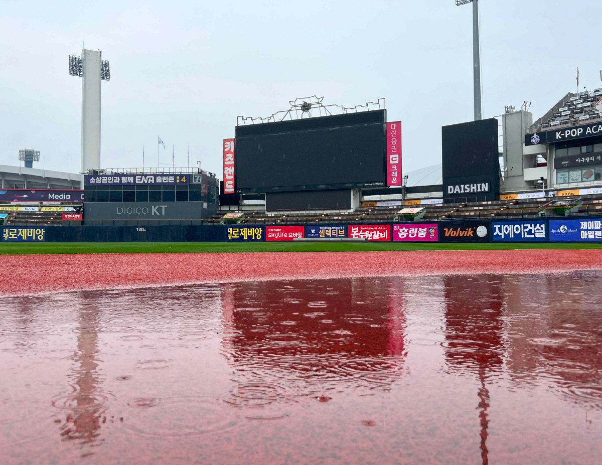 '비야 눈치 좀!' 비 때문에 취소됐던 LG-KT 맞대결이 또다시 취소 위기. 1-2위 맞대결 오늘은 볼 수 있을까?[수원 현장]