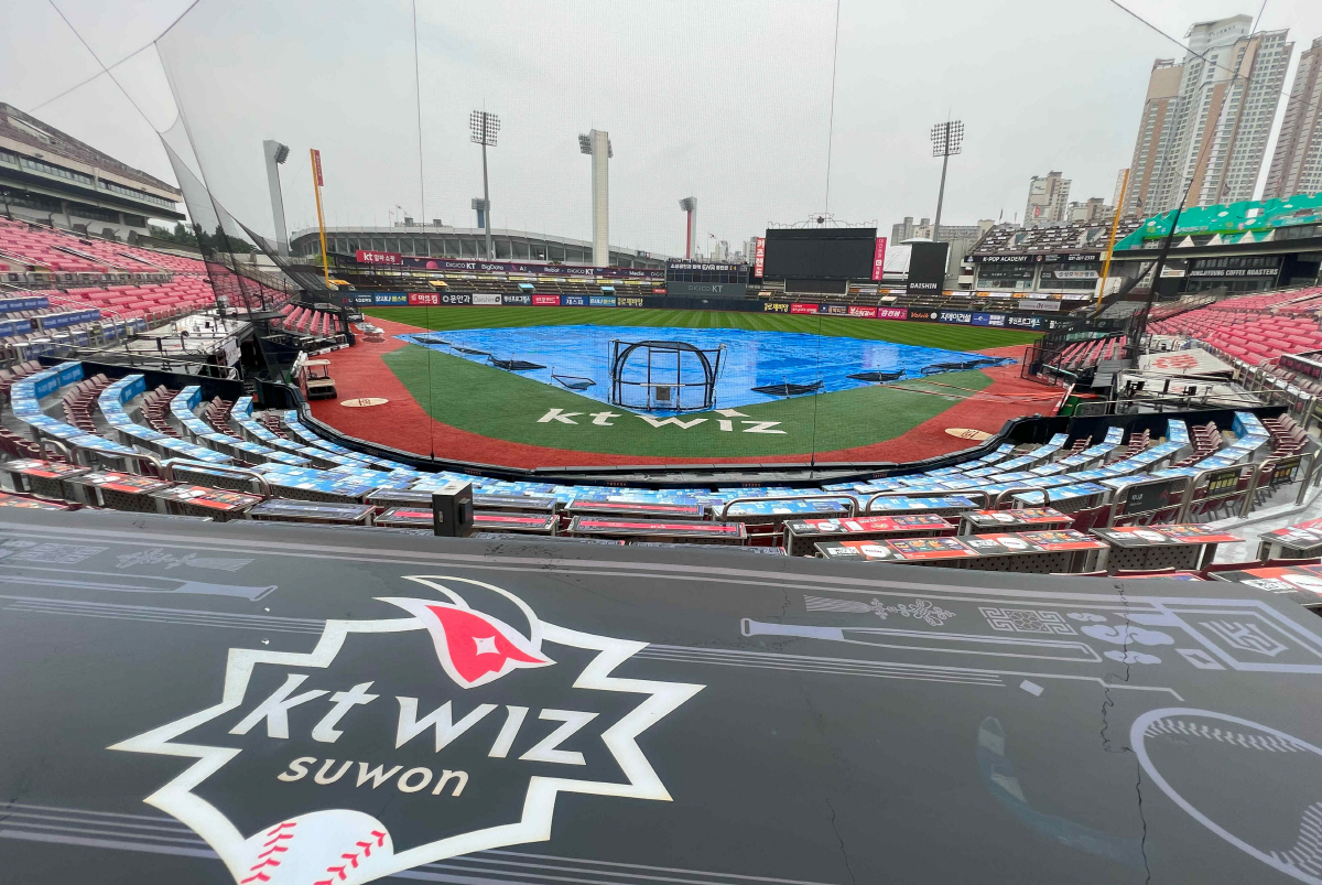'비야 눈치 좀!' 비 때문에 취소됐던 LG-KT 맞대결이 또다시 취소 위기. 1-2위 맞대결 오늘은 볼 수 있을까?[수원 현장]