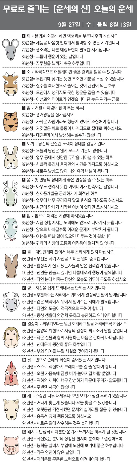 [직장인을 위한 오늘의 운세] 2023년 9월 27일 수요일 오늘의 띠별…