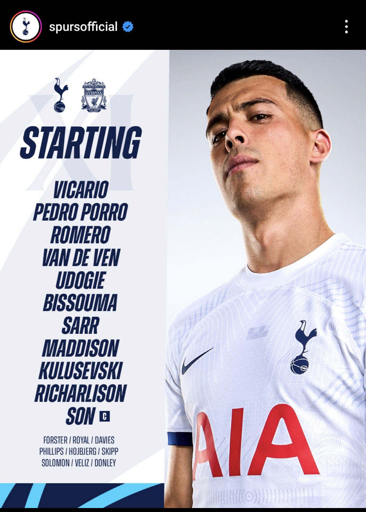 [EPL현장라인업]'손흥민 선발' 토트넘, 리버풀전 선발 라인업 발표! SON 유럽 통산 200호골 도전!