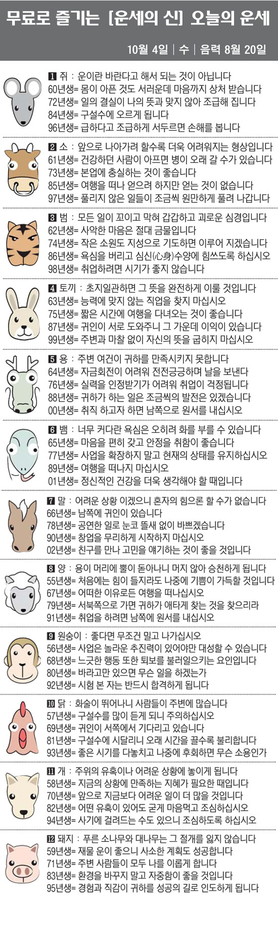 [직장인을 위한 오늘의 운세] 2023년 10월 4일 수요일 오늘의 띠별…