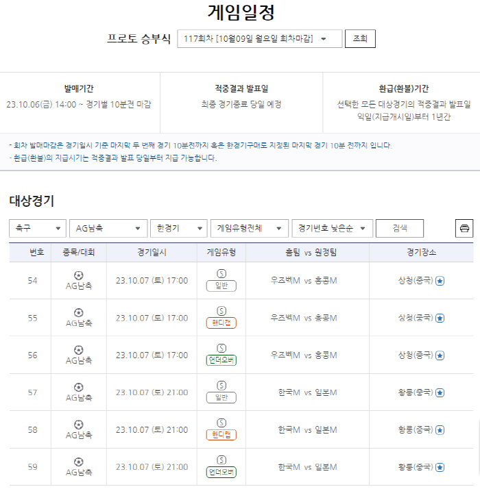 [토토]프로토 승부식 117회차, 항저우AG 남자축구 결승 한일전 대상 …