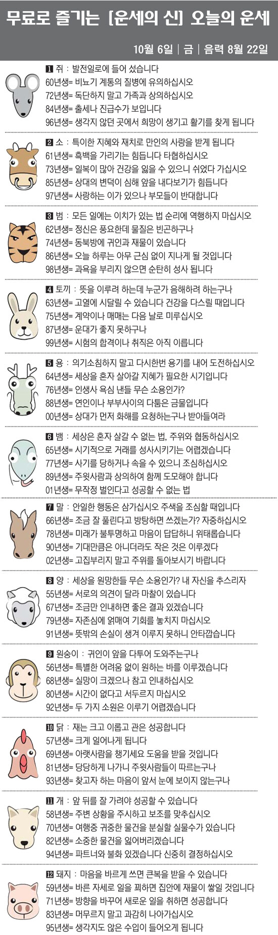 [직장인을 위한 오늘의 운세] 2023년 10월 6일 금요일 오늘의 띠별…