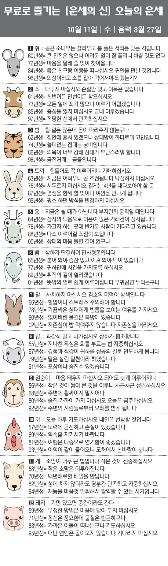 [직장인을 위한 오늘의 운세] 2023년 10월 11일 수요일 오늘의 띠…