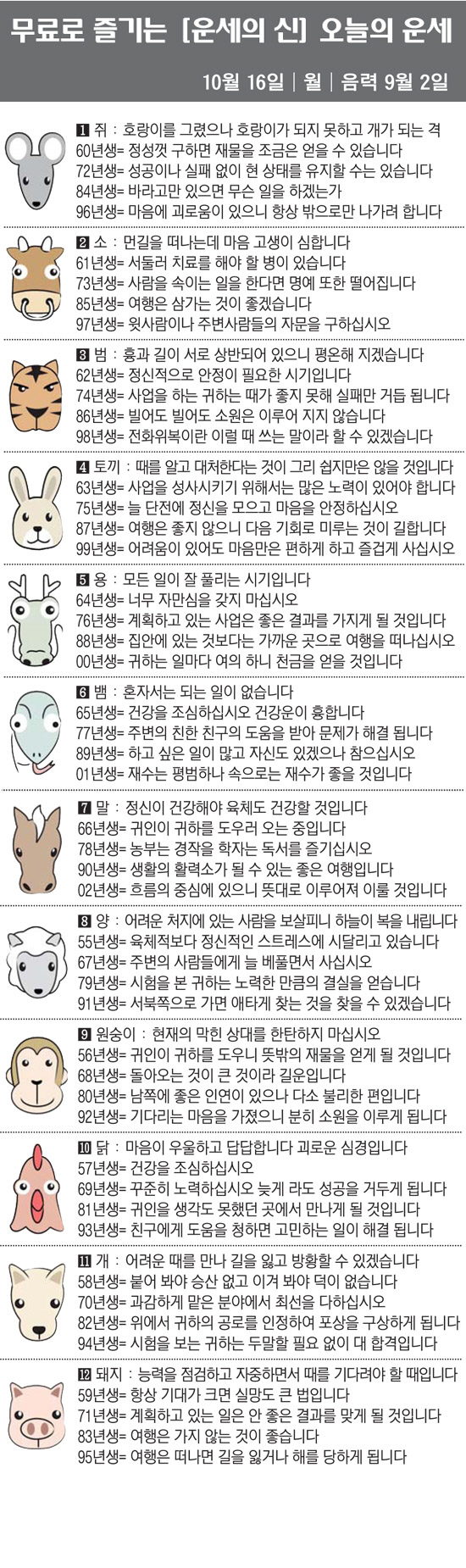 [직장인을 위한 오늘의 운세] 2023년 10월 16일 월요일 오늘의 띠…