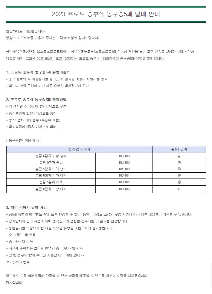 스포츠토토코리아, 프로토 승부식 신규 게임 유형 '농구승5패' 출시