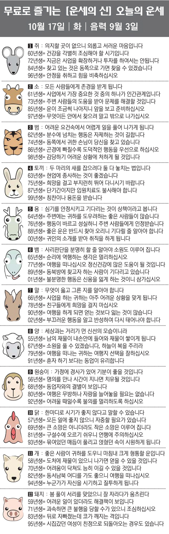 [직장인을 위한 오늘의 운세] 2023년 10월 17일 화요일 오늘의 띠…