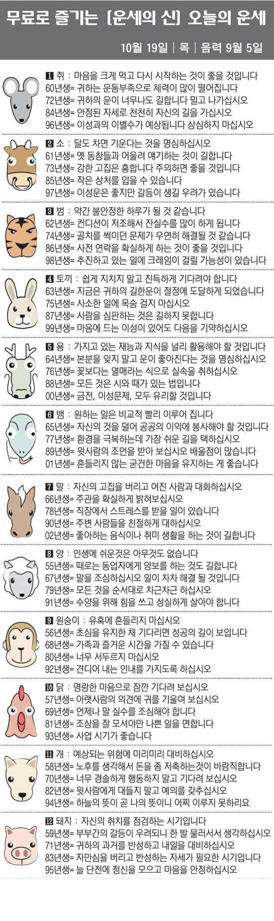 [직장인을 위한 오늘의 운세] 2023년 10월 19일 목요일 오늘의 띠…