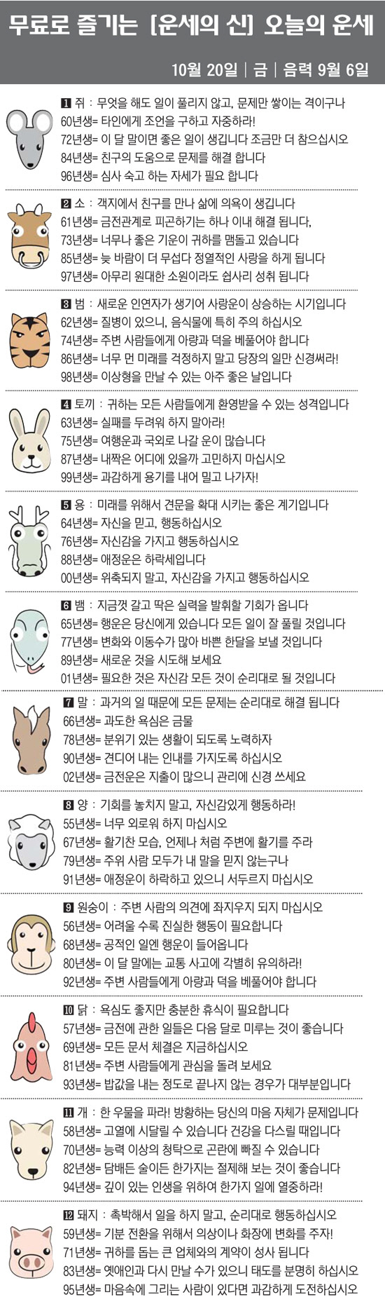 [직장인을 위한 오늘의 운세] 2023년 10월 20일 금요일 오늘의 띠…