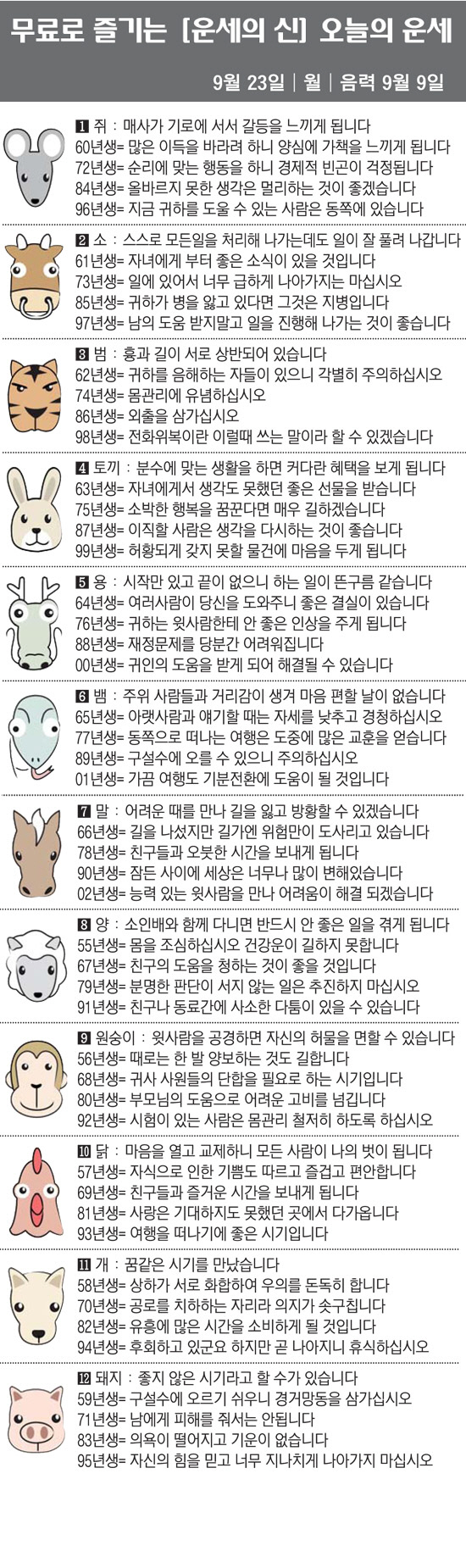 [직장인을 위한 오늘의 운세] 2023년 10월 23일 월요일 오늘의 띠…