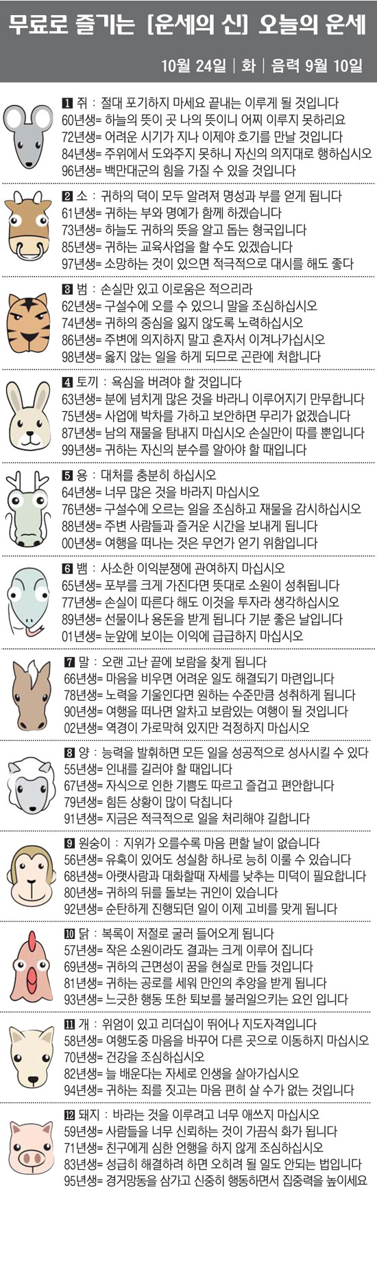 [직장인을 위한 오늘의 운세] 2023년 10월 24일 화요일 오늘의 띠…