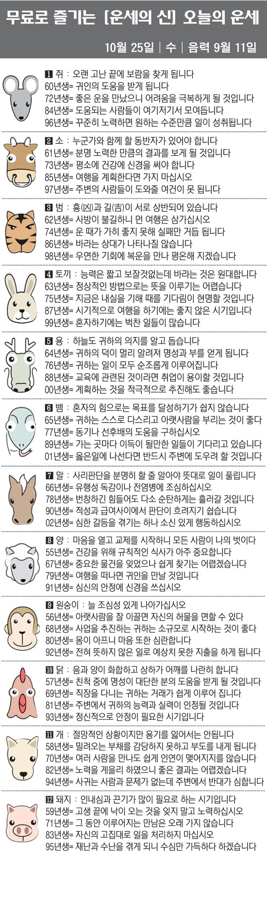 [직장인을 위한 오늘의 운세] 2023년 10월 25일 수요일 오늘의 띠…