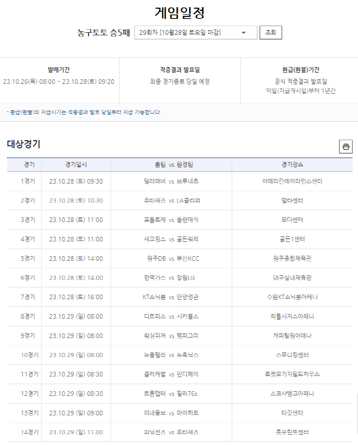 NBA와 KBL 대상으로 하는 농구토토 승5패 29회차, 26일 발매 개…