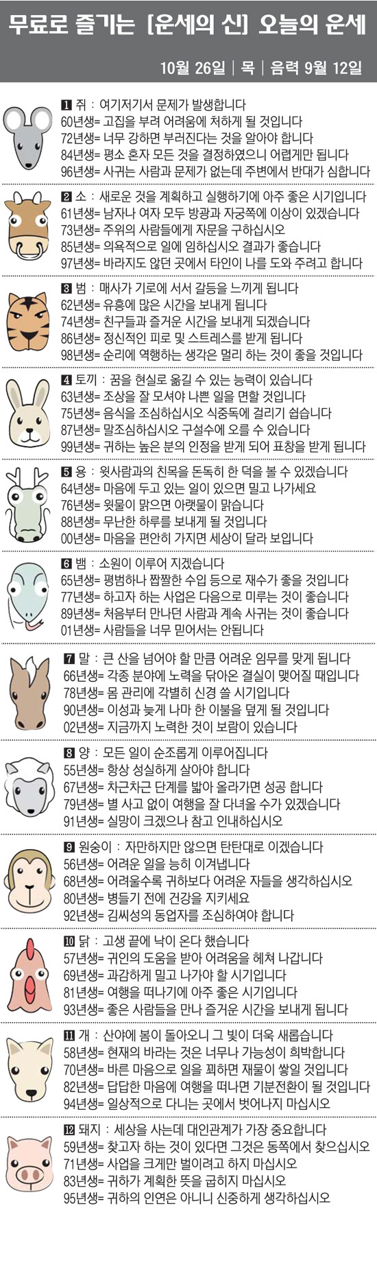 [직장인을 위한 오늘의 운세] 2023년 10월 26일 목요일 오늘의 띠…