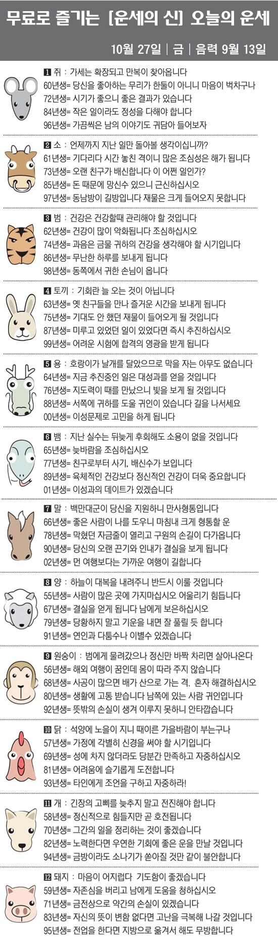 [직장인을 위한 오늘의 운세] 2023년 10월 27일 금요일 오늘의 띠…
