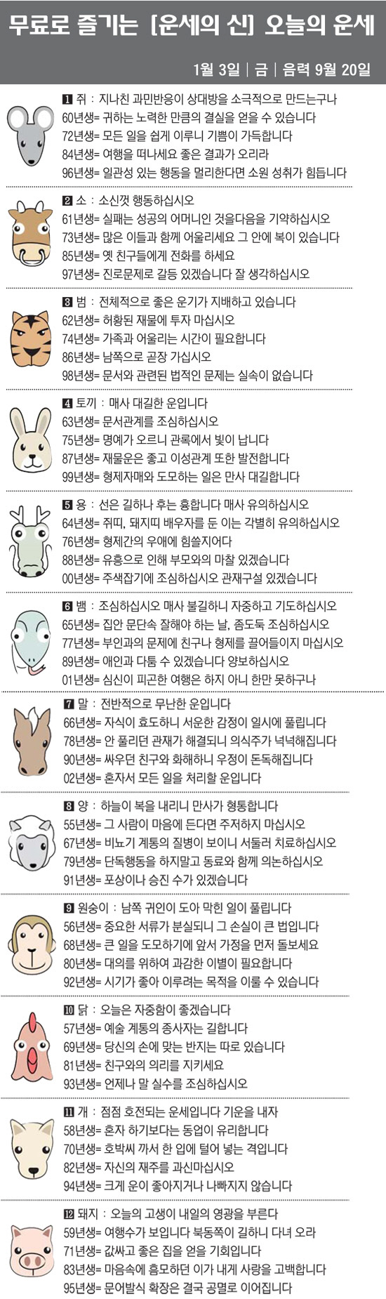 [직장인을 위한 오늘의 운세] 2023년 11월 3일 금요일 오늘의 띠별…