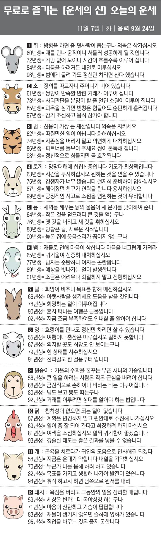 [직장인을 위한 오늘의 운세] 2023년 11월 7일 화요일 오늘의 띠별…